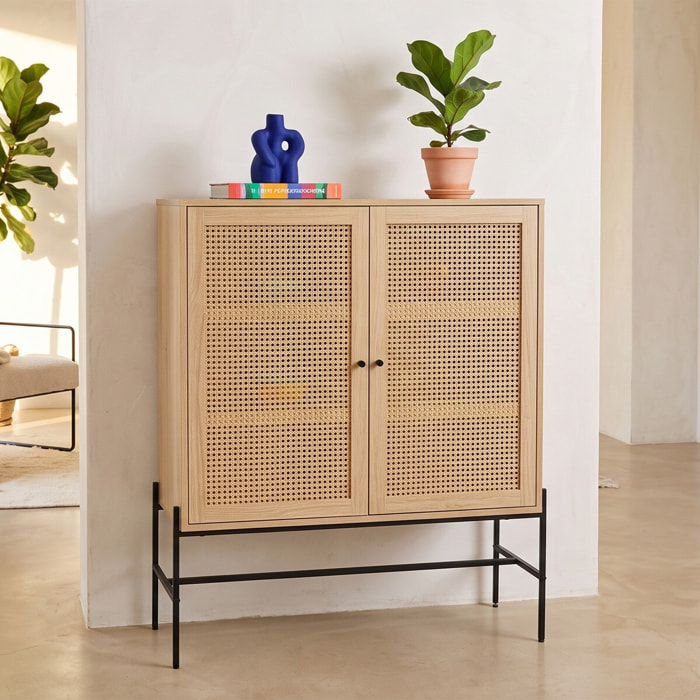 Buffet haut 2 portes en cannage et effet chêne - IRIS