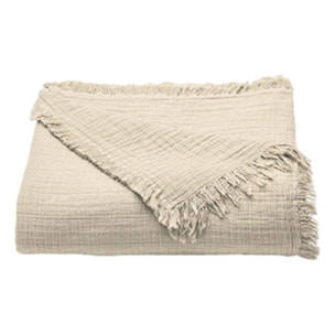 Couvre lit à franges "Brehat" Gaze de Coton stonewashed Toison d'or - Couleur: Brehat Galet