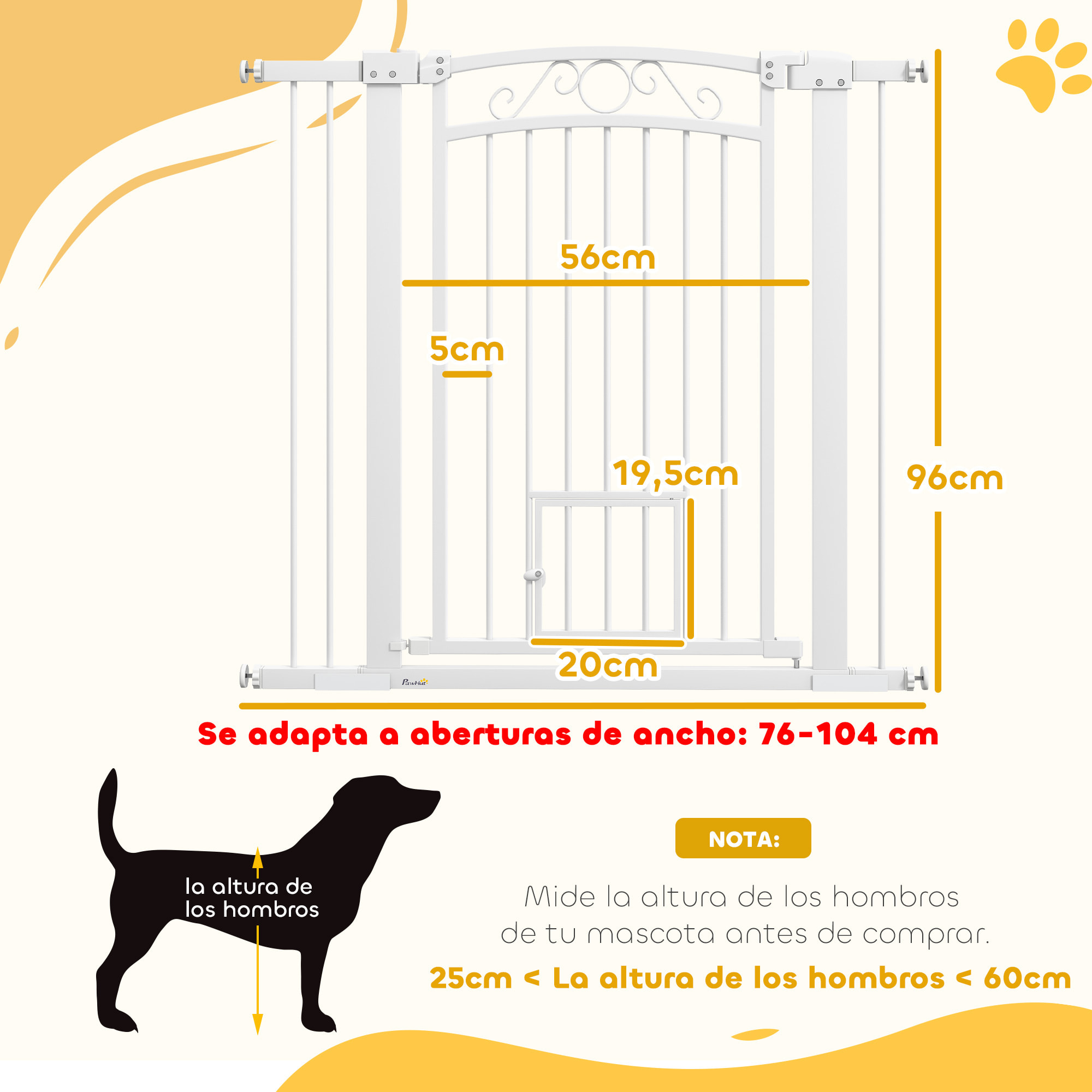 Barrera para Perros Puerta para Perros con Ancho Ajustable 76-104 cm Barrera de Seguridad para Perros con 2 Extensiones Doble Bloqueo y Puerta Pequeña para Escaleras y Puertas Blanco