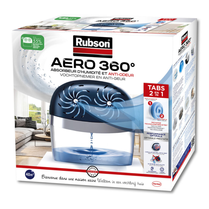 Rubson AERO 360° Absorbeur d'humidité 40 m² Incluant 2 Recharges Neutres + Lot de 4 Recharges Neutres