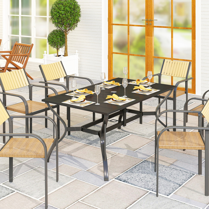Mesa Jardín Exterior Rectangular 150x90x73 cm Mesa Terraza Exterior Desmontable con Tablero Ranurado Agujero para Sombrilla y Estructura de Acero Galvanizado Negro