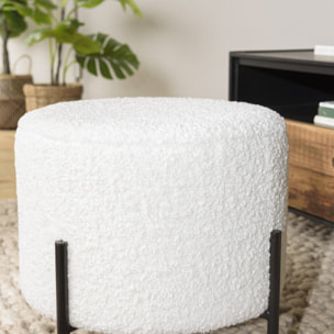 ALBANE - Tabouret rond 40x40cm tissu bouclette blanc pieds métal noir