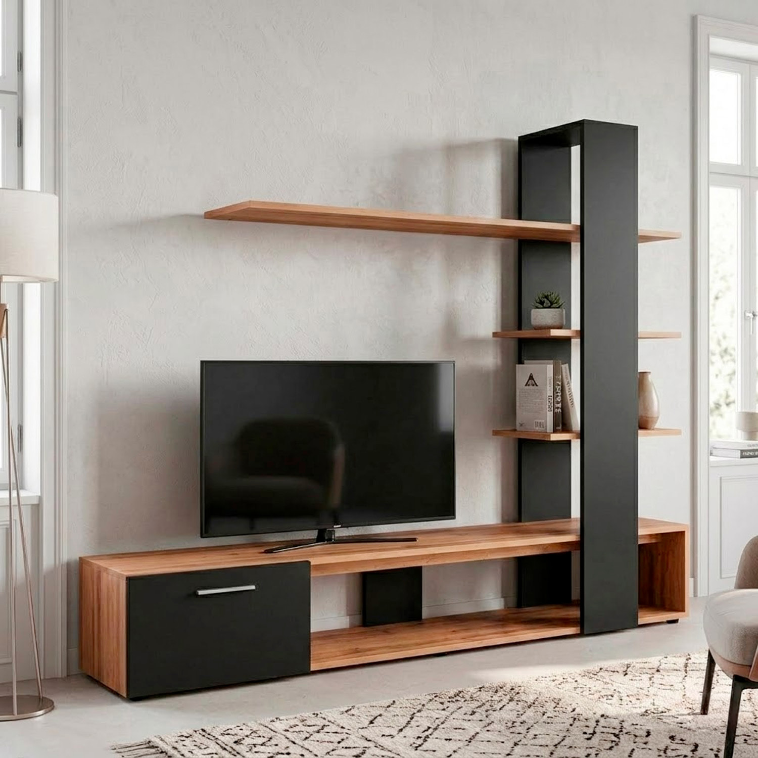 Parete Attrezzata Soggiorno Mobile Tv Ripiani Mensola Moderno Living Arredo Contemporaneo Contenitore Vani Salvaspazio 190x152x35 Cm Rovere E Nero