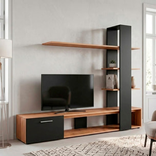 Parete Attrezzata Soggiorno Mobile Tv Ripiani Mensola Moderno Living Arredo Contemporaneo Contenitore Vani Salvaspazio 190x152x35 Cm Rovere E Nero