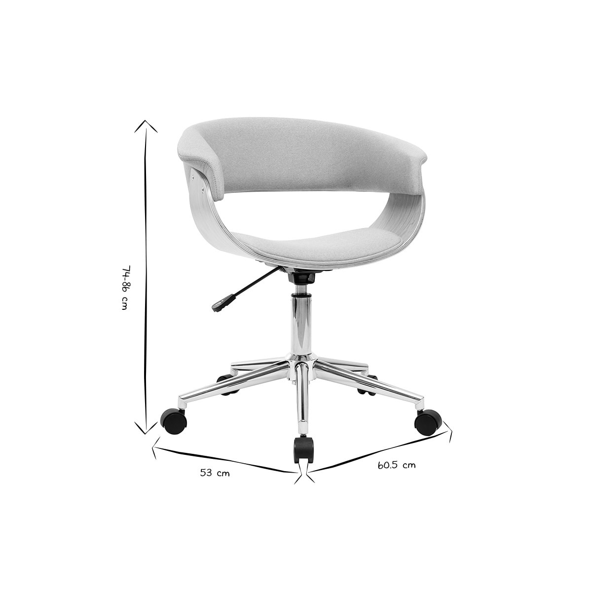 Chaise de bureau à roulettes design en tissu gris clair, bois clair et acier chromé OKTAV