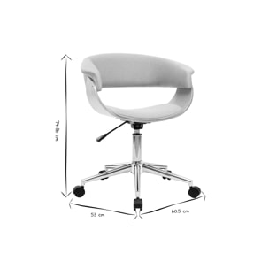Chaise de bureau à roulettes design en tissu gris clair, bois clair et acier chromé OKTAV