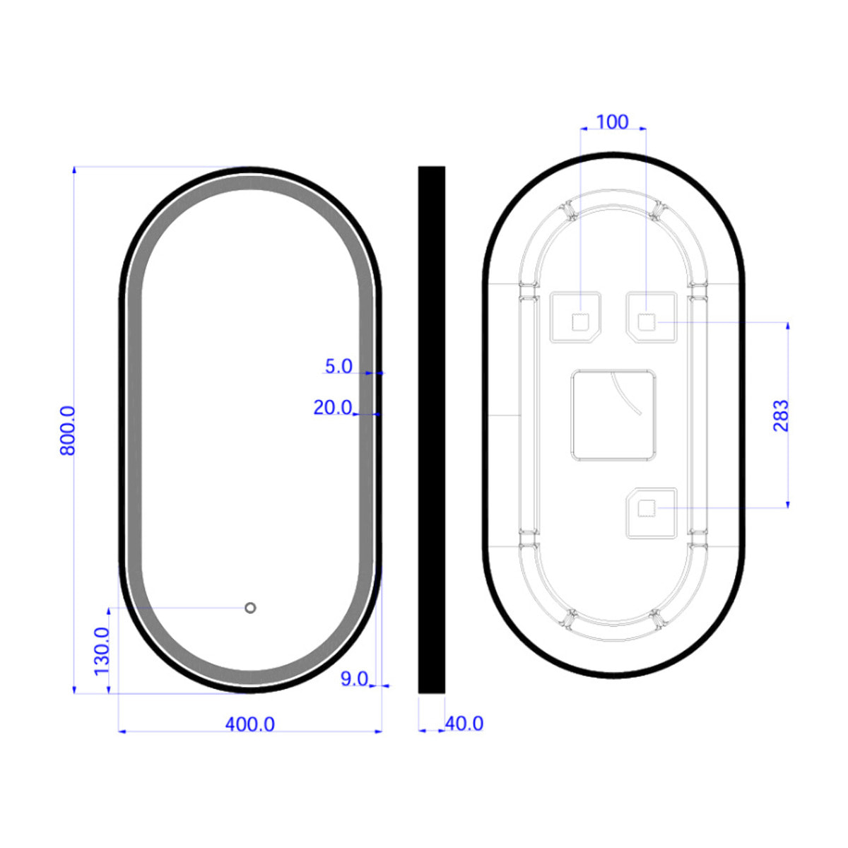 40x80 cm miroir suspendu ovale avec éclairage LED et capteur, cadre en aluminium, noir (SATZOVLED4080CE)