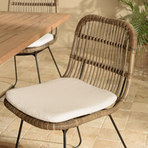 KALLY - Lot de 2 chaises en rotin grisé coussin blanc pieds métal noir