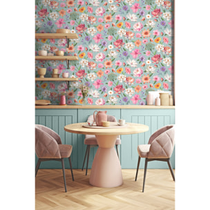 Papier peint floral botanique fond rose poudré