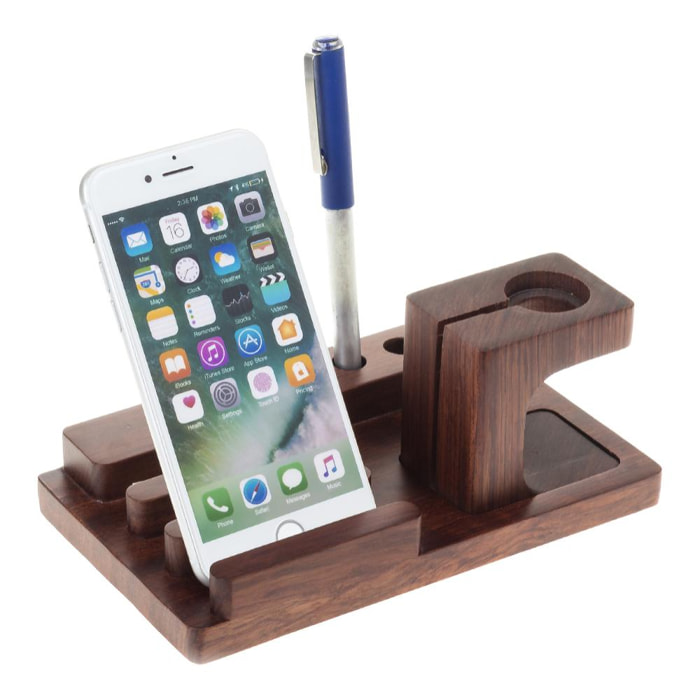 Soporte de madera para 3 smartphones, 3 bolígrafos y iWatch con base de carga.