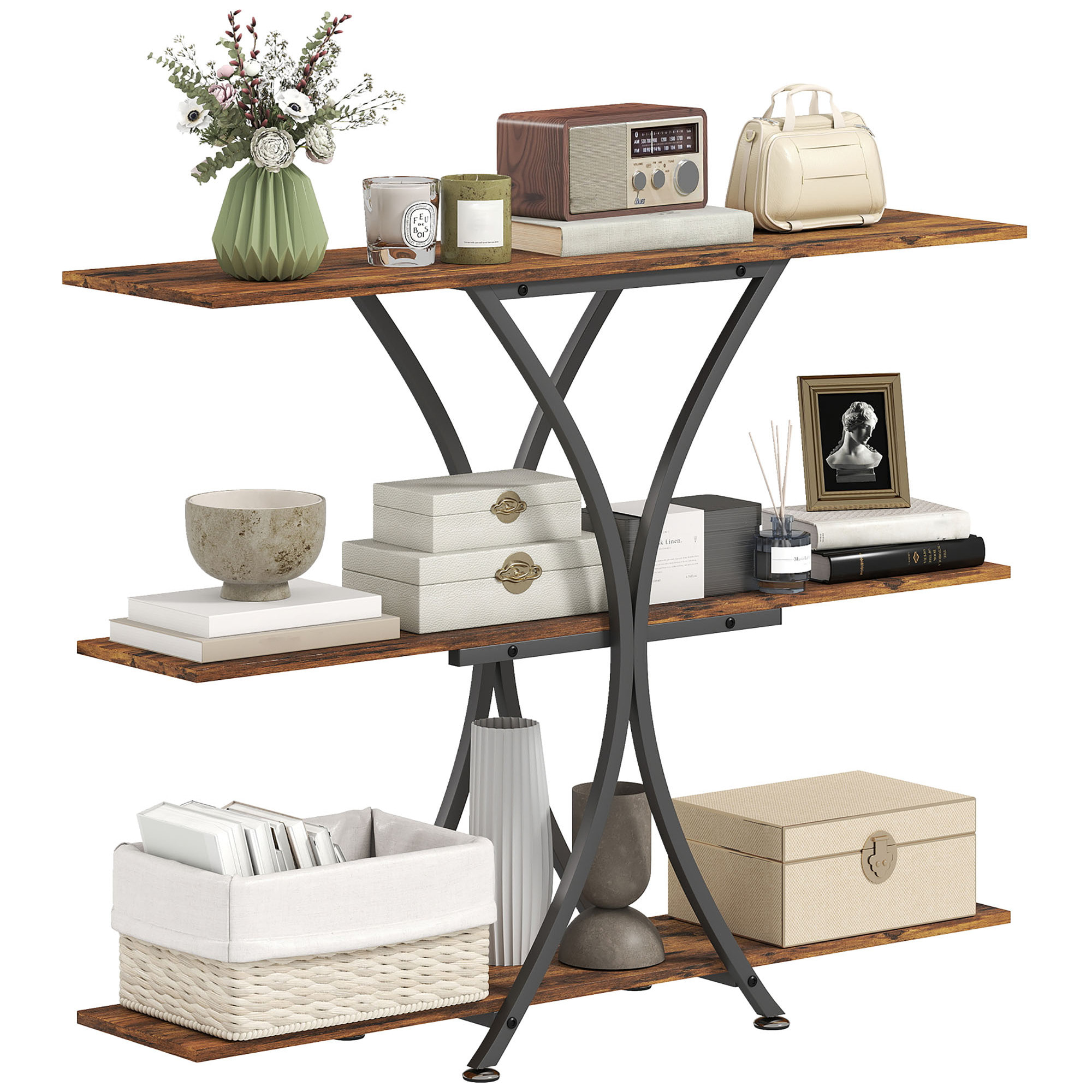 Mesa de Consola de 3 Niveles, Mesa de Sofá Industrial con 2 Estantes Abiertos y Marco Metálico en X, Consola para Recibidor Estrecha, para Salón, Pasillo, Entrada, Marrón Rústico