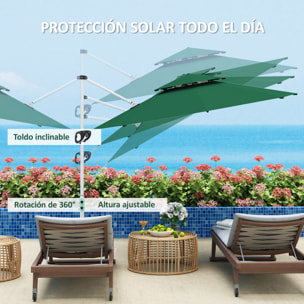 Sombrilla de Jardín Ø292 cm Parasol Excéntrico con Manivela Giratorio 360° Inclinación Ajustable Doble Techo y Base Cruzada Sombrilla para Terraza Exterior Patio Verde Oscuro