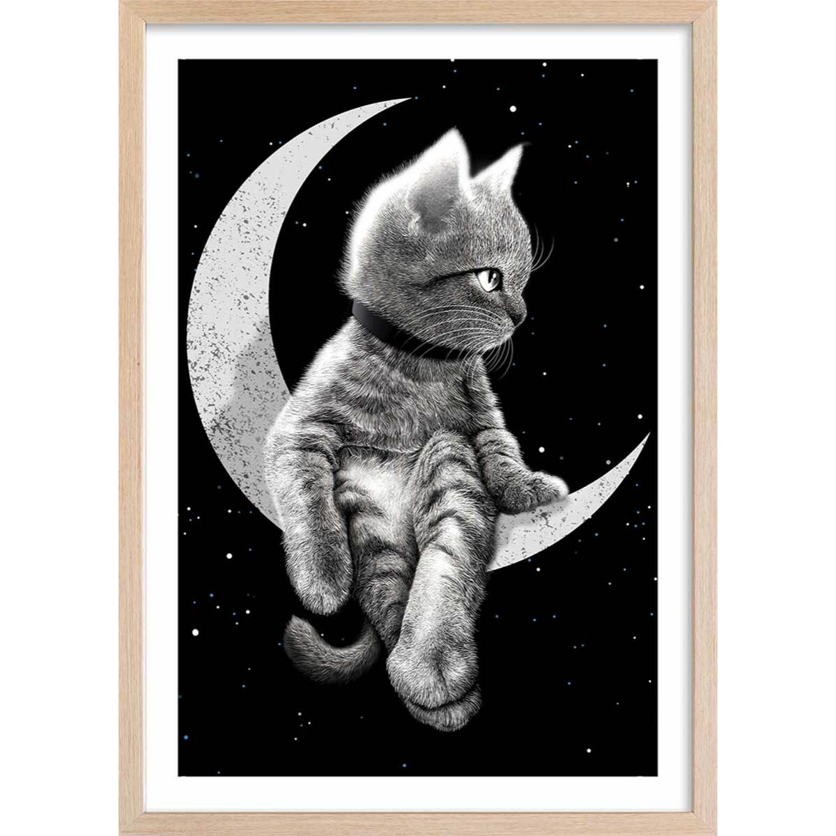 Affiche enfant chat rêveur  Affiche + cadre en bois - Chêne