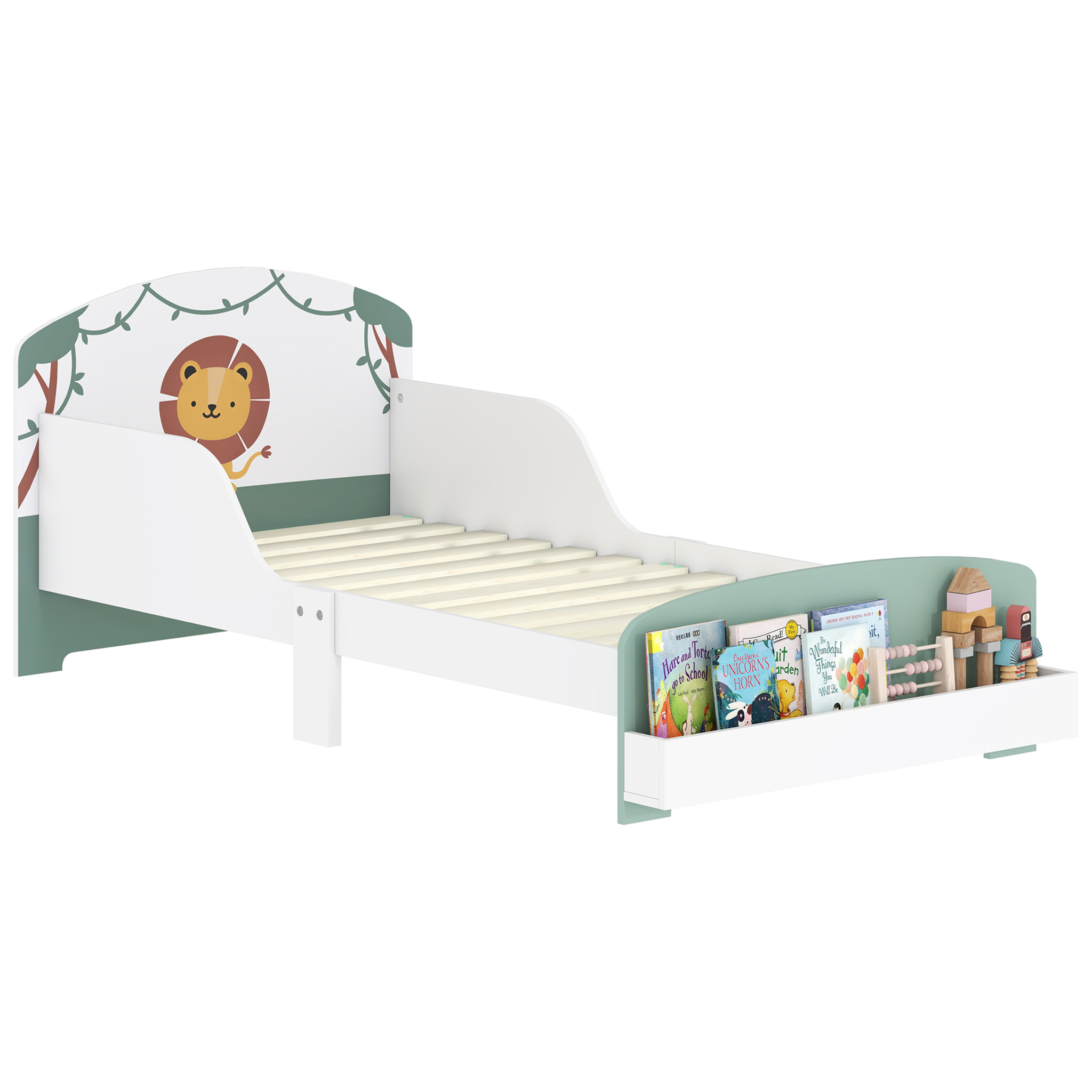 Cama infantil 70x140 cm de Madera con Almacenaje Cama para Niños de +3 Años con Protección Anticaída Cabecero en Dibujo de León Carga 40 kg para Dormitorio Verde