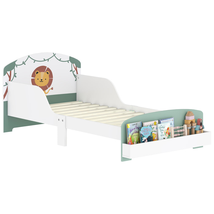 Cama infantil 70x140 cm de Madera con Almacenaje Cama para Niños de +3 Años con Protección Anticaída Cabecero en Dibujo de León Carga 40 kg para Dormitorio Verde