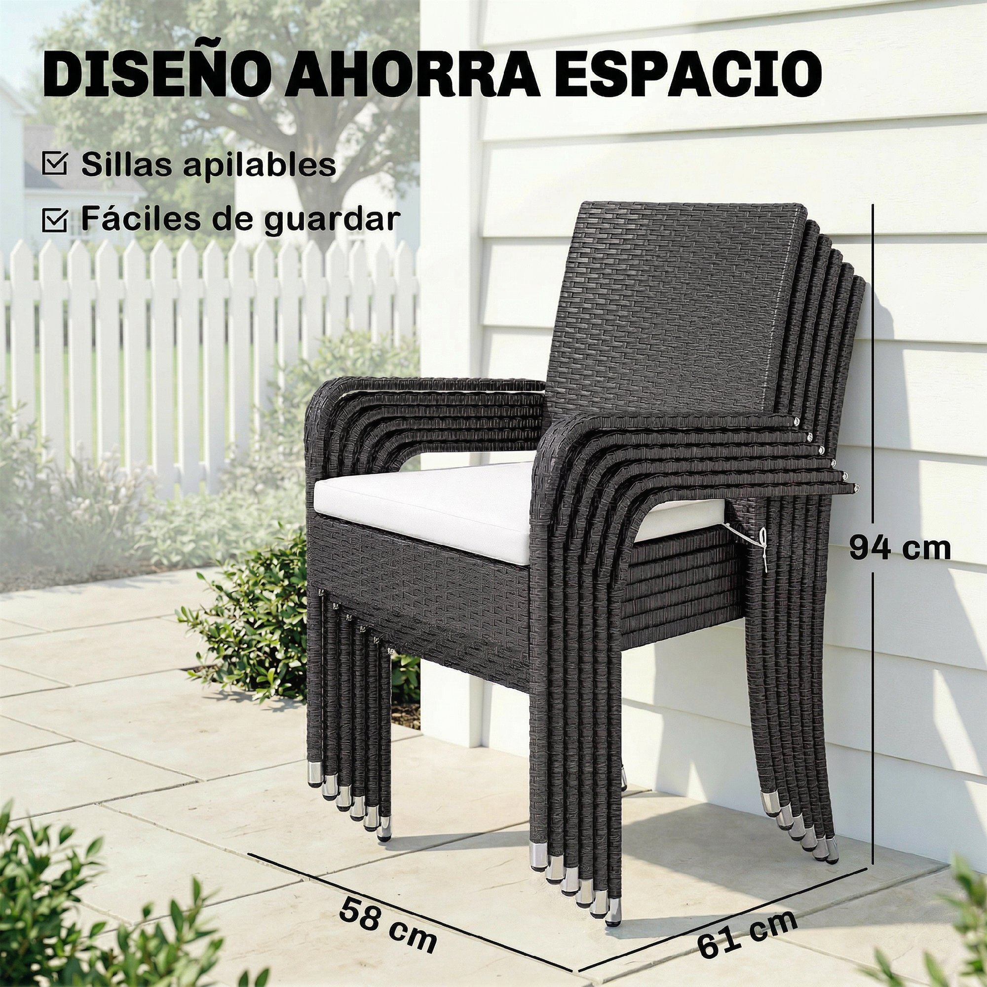 Conjunto de Mesa y Sillas Jardín de Ratán de 7 Piezas, Muebles Jardín Exterior con Mesa Extensible Tablero Madera y 6 Sillas Apilables con Cojines Extraíbles, Marco de Acero Resistente, Crema