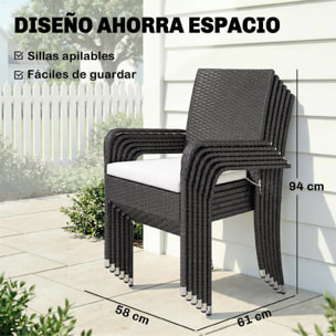 Conjunto de Mesa y Sillas Jardín de Ratán de 7 Piezas, Muebles Jardín Exterior con Mesa Extensible Tablero Madera y 6 Sillas Apilables con Cojines Extraíbles, Marco de Acero Resistente, Crema