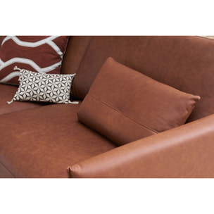 Canapé vintage 3 places cuir marron et bois foncé DAVEN