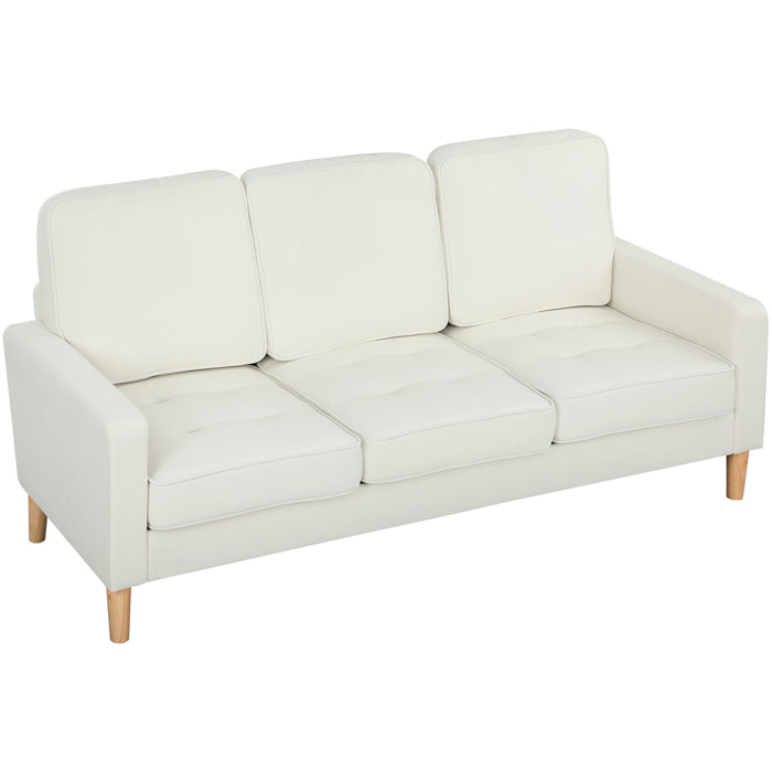Canapé 3 places en velours, 185 cm, design moderne, canapé avec coussins épais, pieds en bois d'hévéa et assise capitonné, pour salon, chambre, bureau, crème