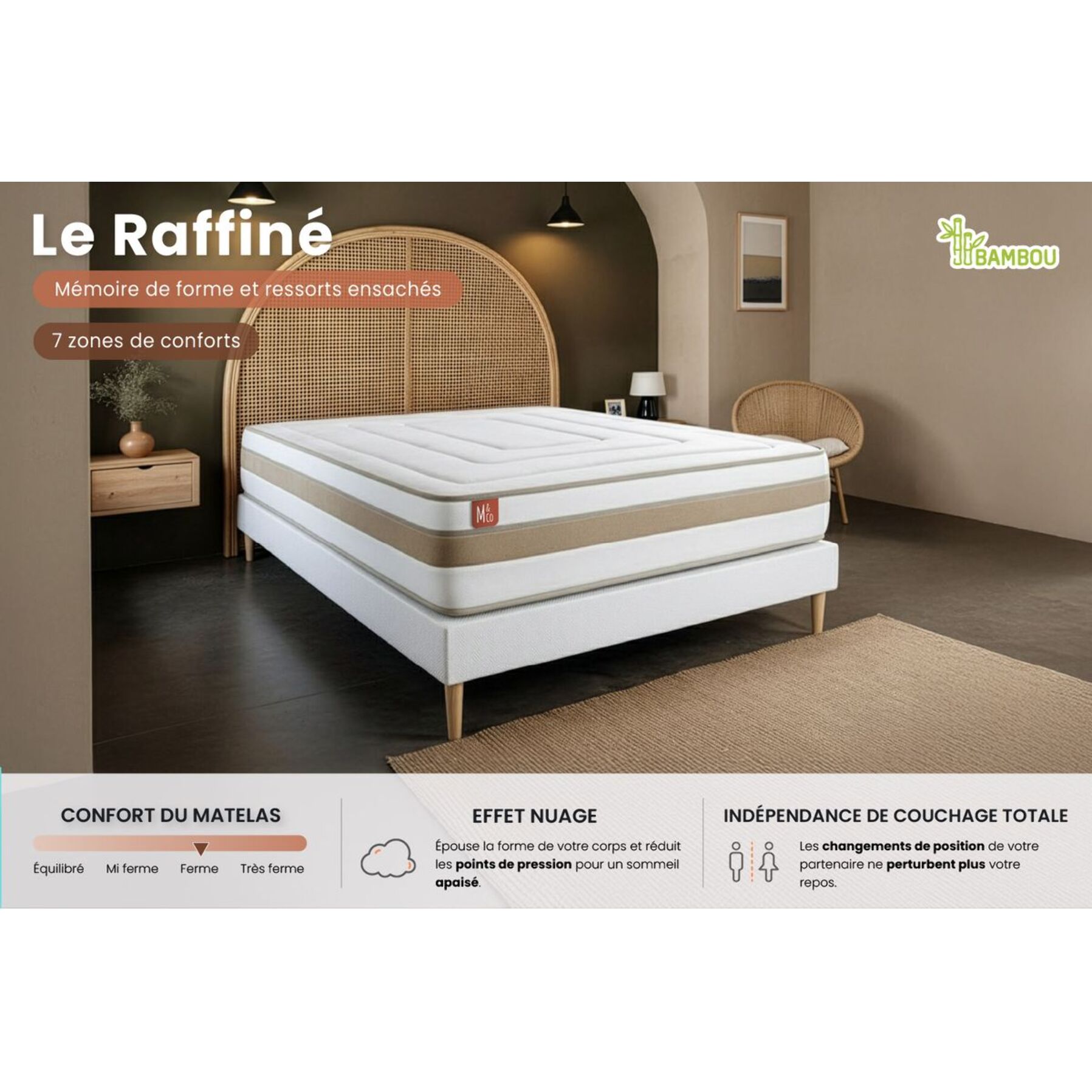 Matelas Le Raffiné - 26cm - Ressorts ensachés et mémoire de forme - Confort haut de gamme, impact réduit. - Soutien Equilibré