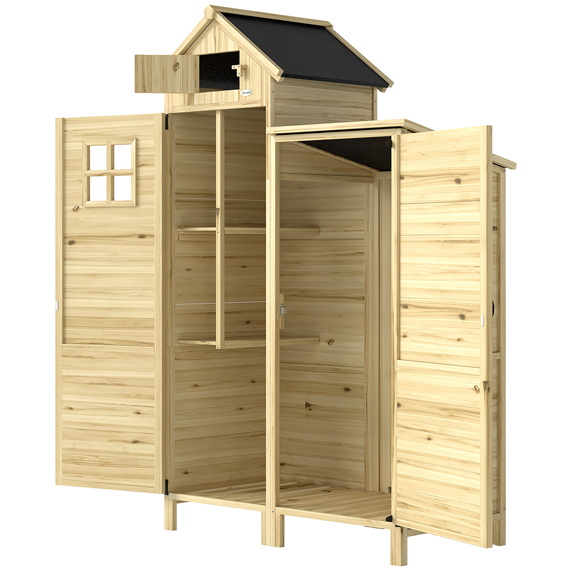 Armoire de jardin en bois 2 + 1 portes 2 étagères fenêtre toit bitumé noir