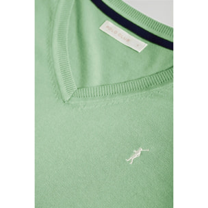 Maglione verde leggero in filo basic con collo a V e logo Rigby Go