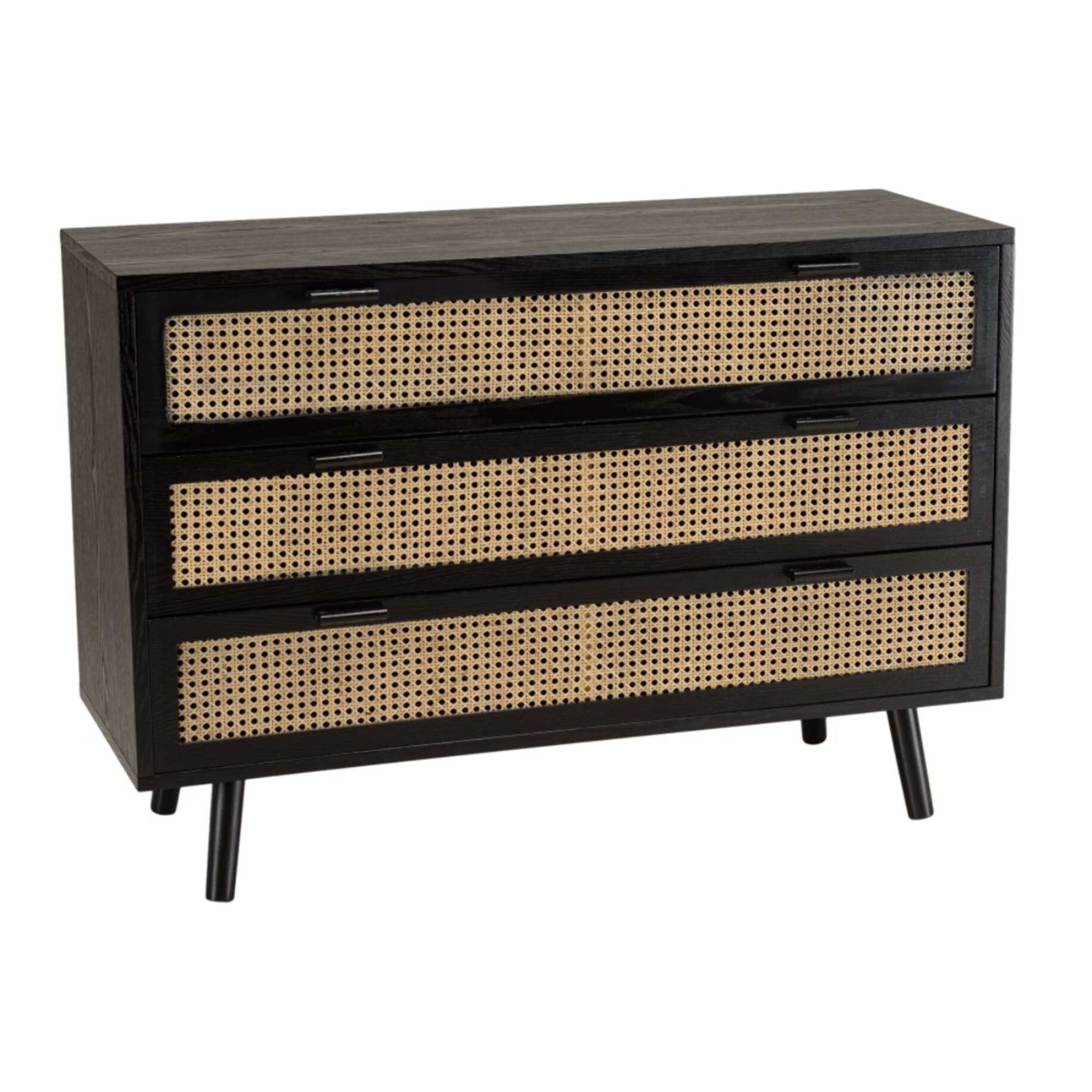 ANGELO - Commode noire 3 tiroirs cannage naturel