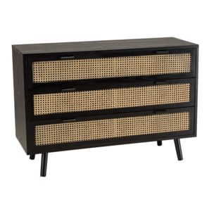 ANGELO - Commode noire 3 tiroirs cannage naturel