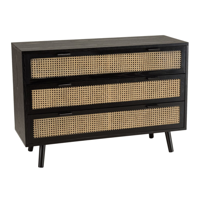 ANGELO - Commode noire 3 tiroirs cannage naturel