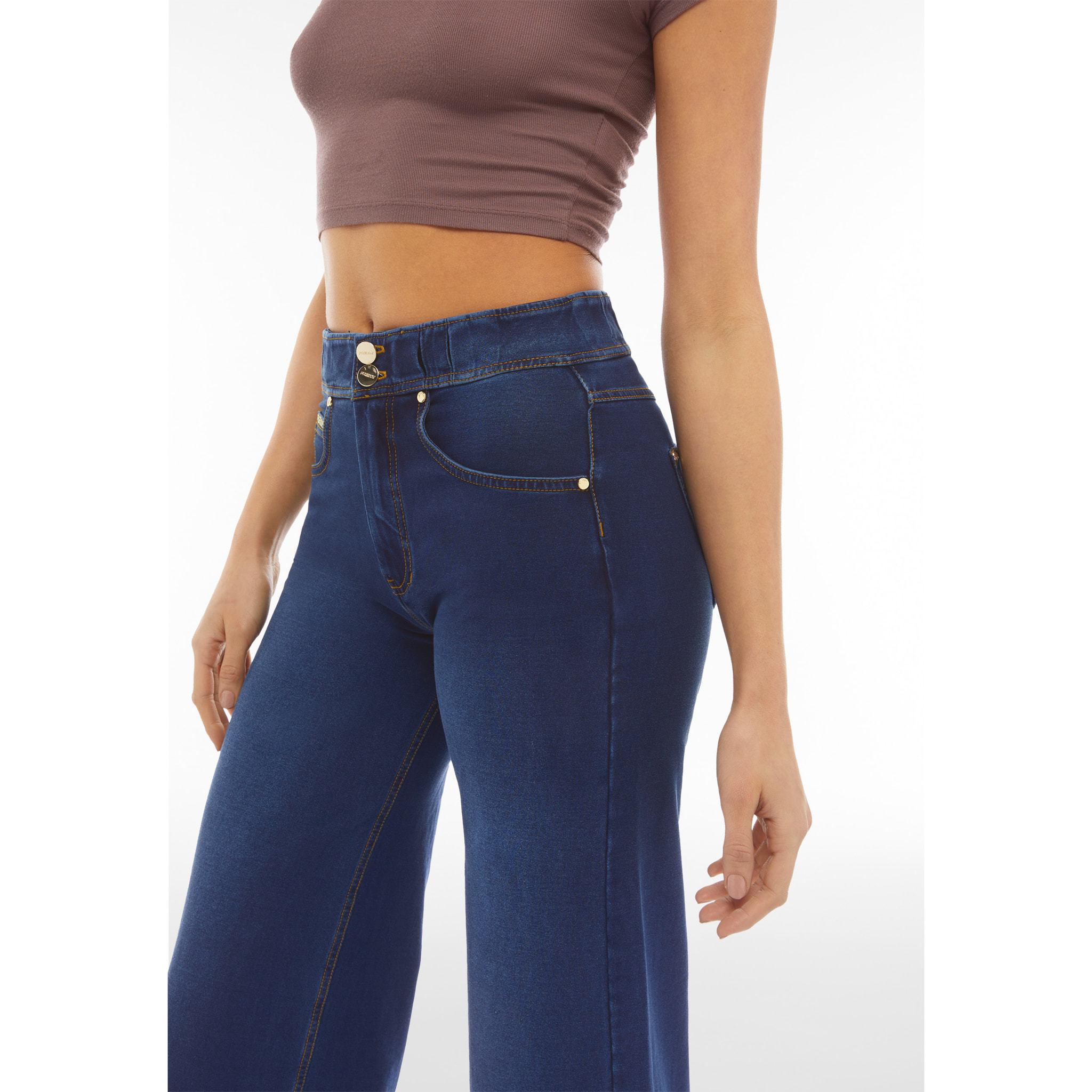 Pantaloni N.O.W.® wide leg vita alta in jersey effetto denim