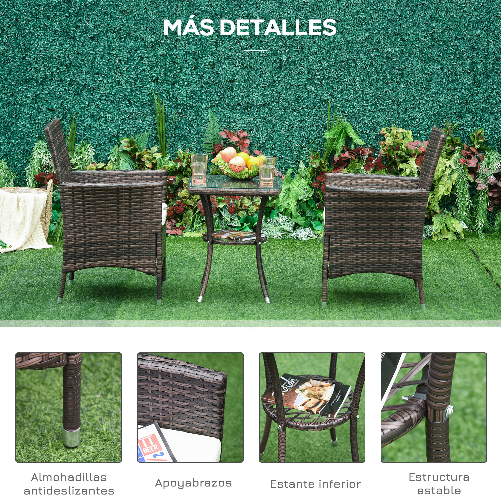 Conjunto de Muebles de Exterior de Ratán 1 Mesa 2 Sillas Estructura Metal Marrón