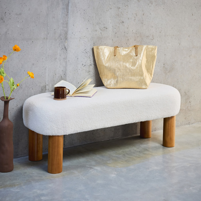 Banc, bout de lit bois d'hévéa et bouclette FUJO