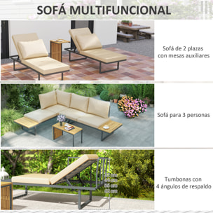 Conjunto de Muebles Jardín Exterior Sofás de Exterior en Forma de L Tumbona con 2 Sofás de 3 Plazas Asiento Ajustable y Mesa de Madera de Acacia Versátil con Cojines Beige y Gris