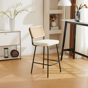 Lot de 2 chaises de bar en cannage et tissu bouclé, piètement noir - MUSE