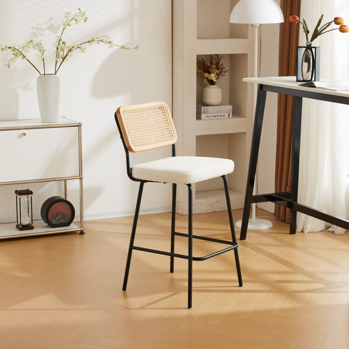 Lot de 2 chaises de bar en cannage et tissu bouclé, piètement noir - MUSE