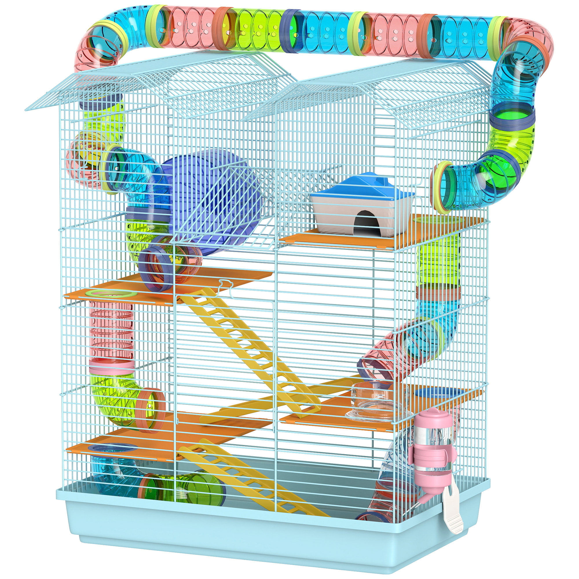Cage pour hamster souris petits animaux rongeur avec tunnel mangeoire roue jouet 47 x 30 x 59 cm cm bleu ciel