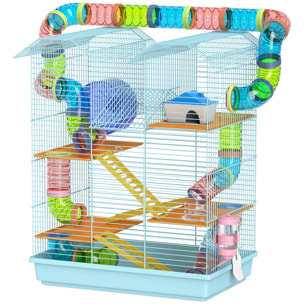 Cage pour hamster souris petits animaux rongeur avec tunnel mangeoire roue jouet 47 x 30 x 59 cm cm bleu ciel