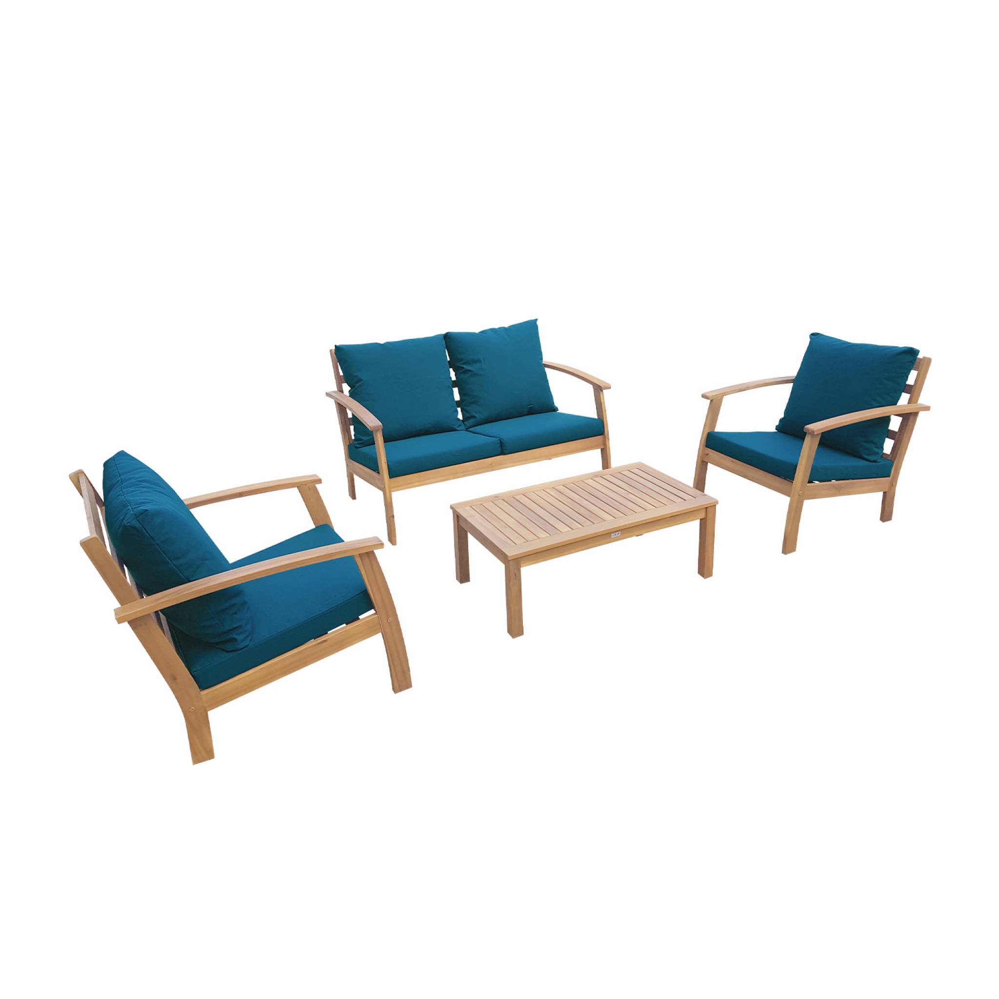 Salon de jardin en bois 4 places - Ushuaïa - Coussins bleu canard. canapé. fauteuils et table basse en acacia. design