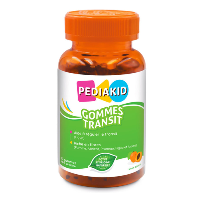 PEDIAKID - Gommes Transit - Complément alimentaire à base de fruits et d'Avoine - Riche en fibres - Aide à réguler le transit intestinal - Arôme naturel abricot - 60 gommes