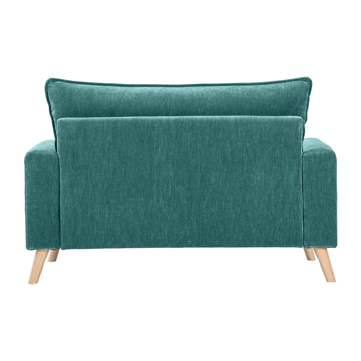 Canapé scandinave 2 places en tissu effet velours bleu canard et bois clair JONAS