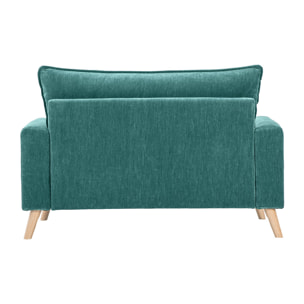 Canapé scandinave 2 places en tissu effet velours bleu canard et bois clair JONAS