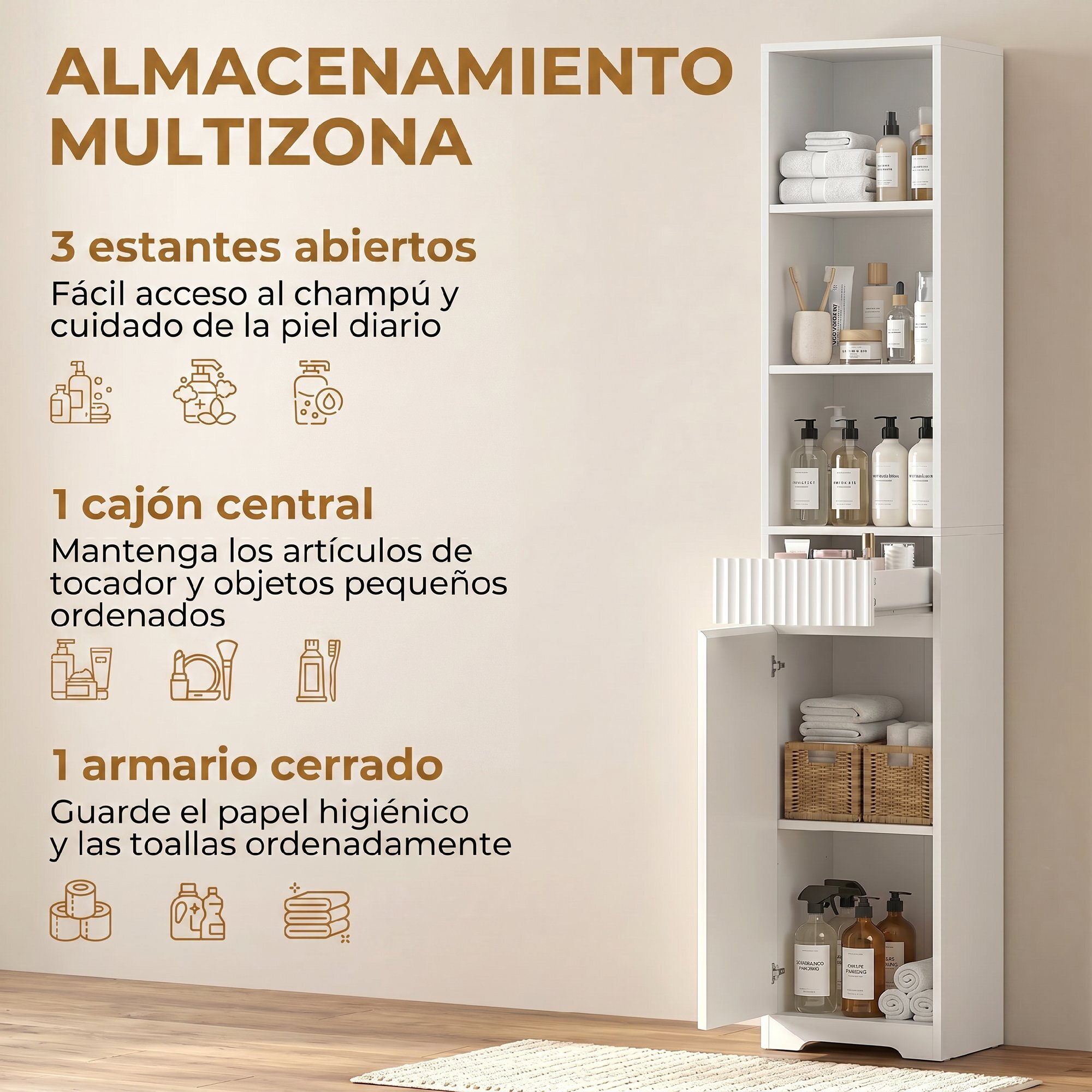 Armario de Baño Alto, Mueble Auxiliar de Baño Estrecho con Cajón, Diseño Acanalado, Estante Ajustable, Estantes Abiertos, para Espacios Pequeños, 33x30x172 cm, Blanco