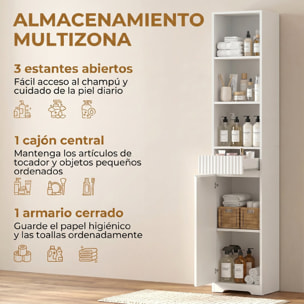 Armario de Baño Alto, Mueble Auxiliar de Baño Estrecho con Cajón, Diseño Acanalado, Estante Ajustable, Estantes Abiertos, para Espacios Pequeños, 33x30x172 cm, Blanco