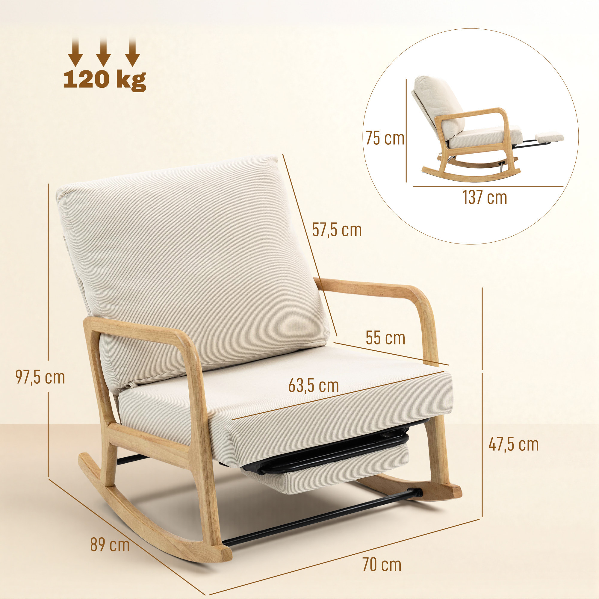 Silla Mecedora con Reposapiés, Respaldo Ajustable, Mecedora de Pana Nórdica, Patas de Madera, Reposabrazos, Cojín Lumbar, Sillón para Lactancia, Carga 120 kg, para Dormitorio, Salón, Crema