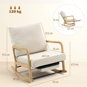 Silla Mecedora con Reposapiés, Respaldo Ajustable, Mecedora de Pana Nórdica, Patas de Madera, Reposabrazos, Cojín Lumbar, Sillón para Lactancia, Carga 120 kg, para Dormitorio, Salón, Crema