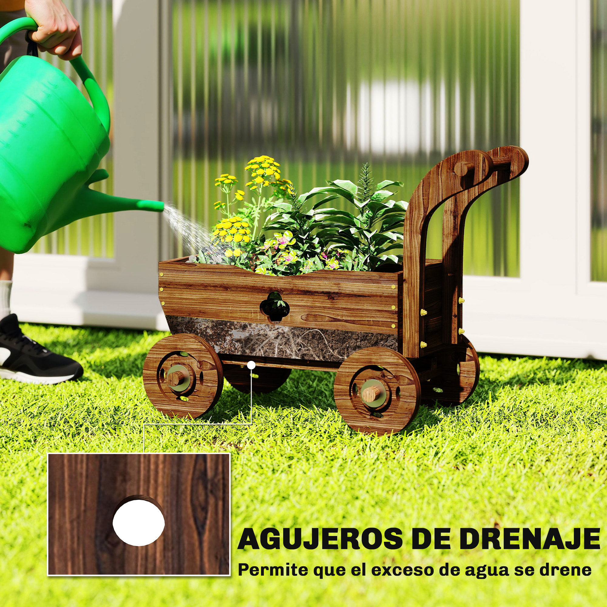 Carretilla de Madera Decorativa, Jardinera Elevada con 4 Ruedas, Asa, Orificios de Drenaje, Macetero Exterior para Cultivos de Plantas, Flores en Terraza, Jardín, 68x38x52 cm, Carbonizado