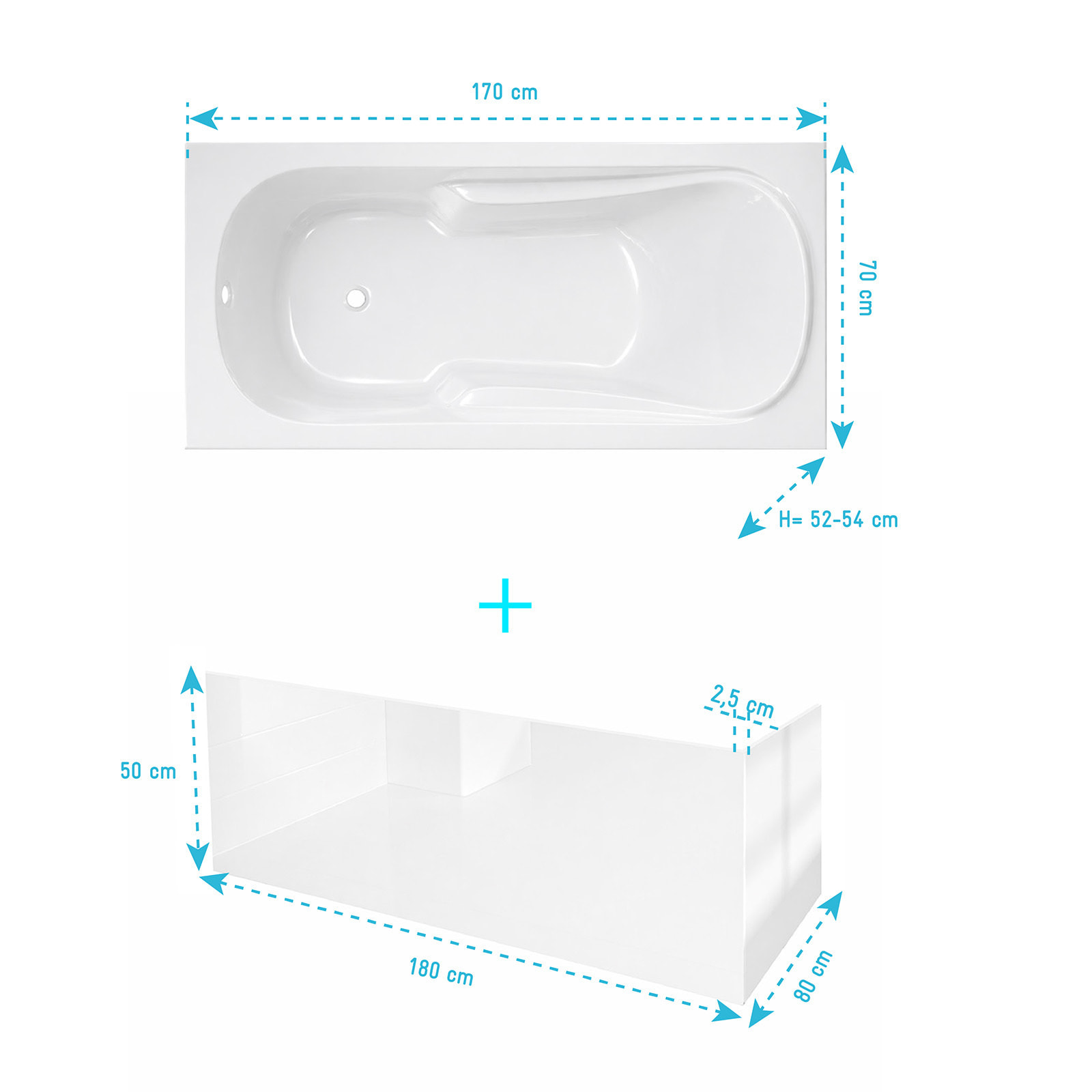 Pack Baignoire 170x70cm avec Tabliers recoupables 180cm et 80cm - Blanc Brillant - MAE