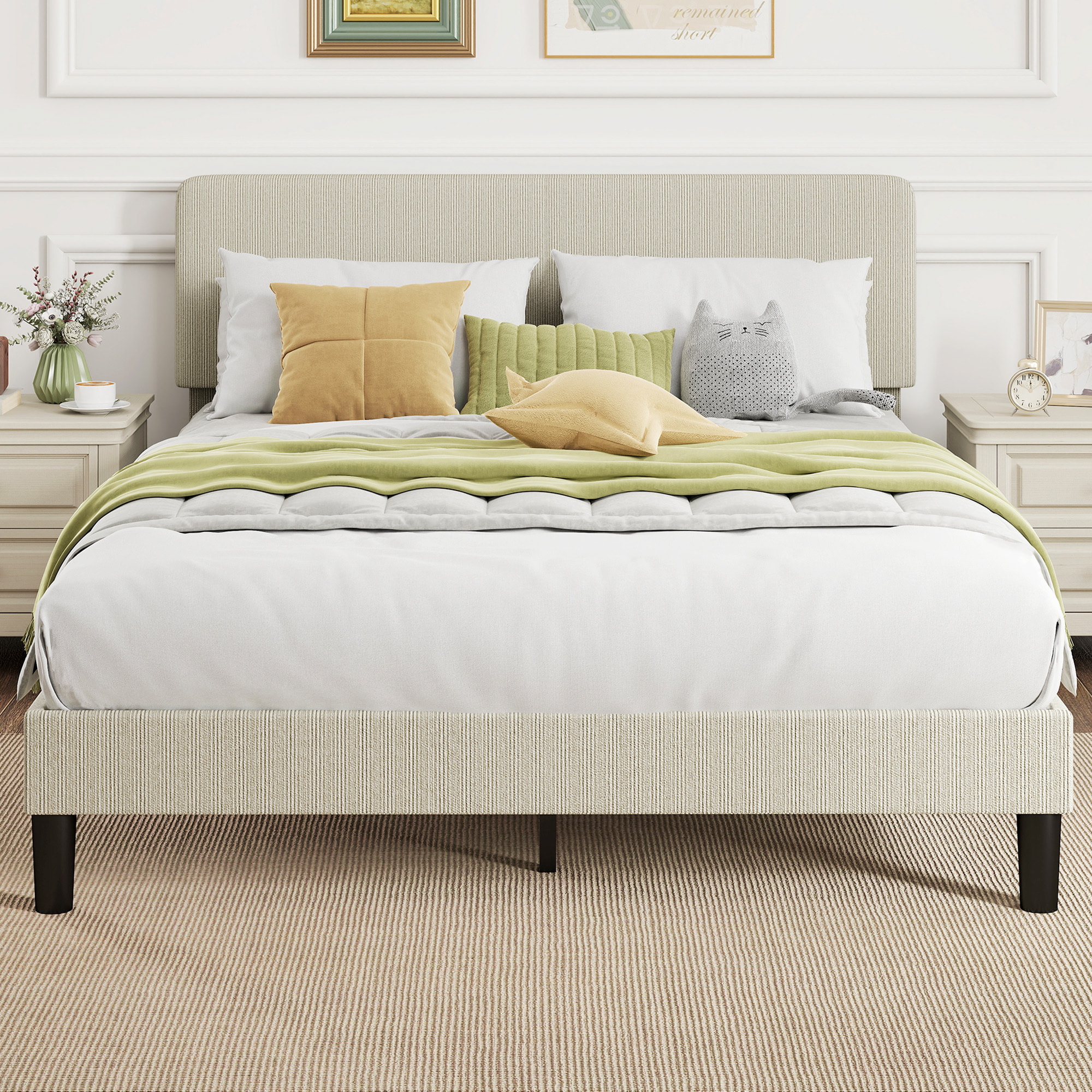 Somier 160x200 cm con Cabecero Ajustable, Estructura de Cama, Tapizado en Pana, Láminas de Madera, Fácil de Montar, Gris Claro