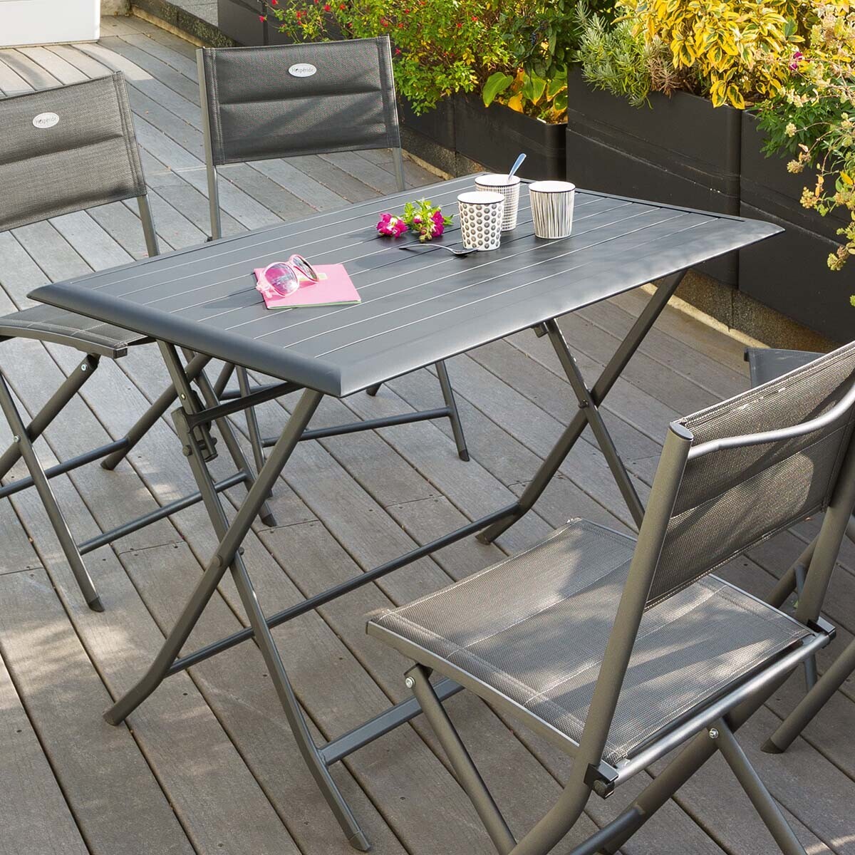 Table de jardin pliante rectangulaire "Azua" graphite 4 places en aluminium traité époxy
