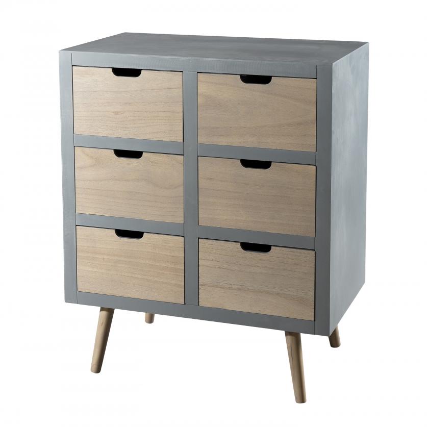 MARTIN - Commode grise 6 tiroirs beiges bois Pin